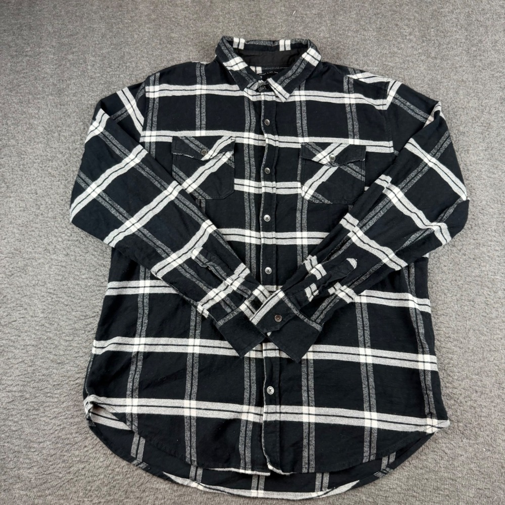 Kenneth Cole Button Down Shirt Men's Large Black White Plaid Long Sleeve Flannel
